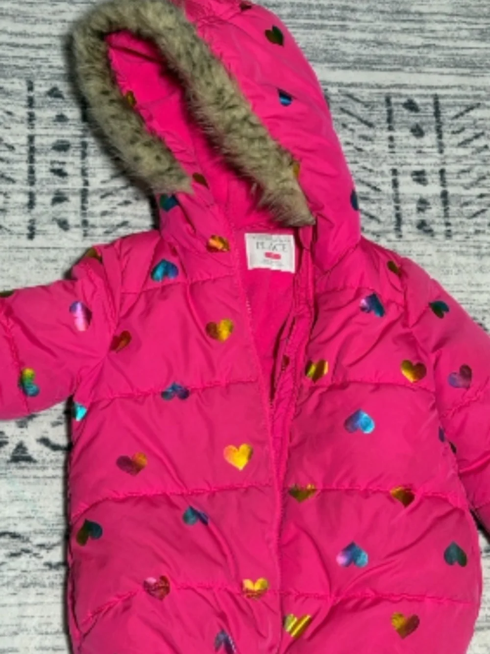 The Children's PLACE Hot Pink Heart Puffer Coat with Faux Fur Hood 12-18M